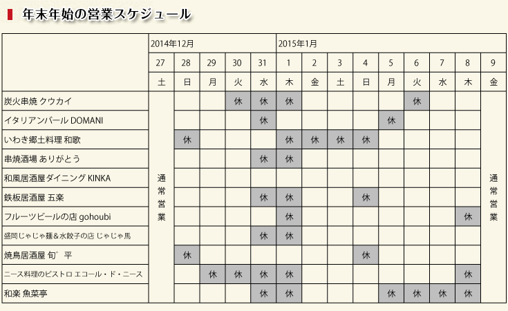 2014年末年始の営業スケジュール